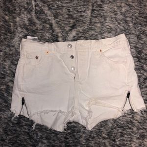 White Levi Shorts with Zippers on the side